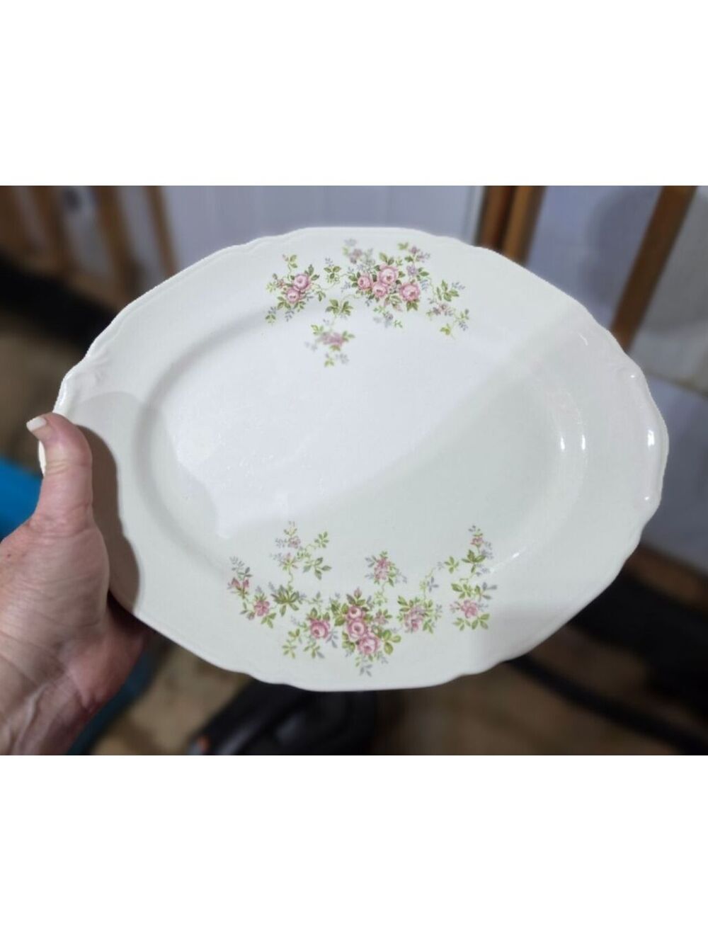 1940s Crown Pottery Pink Peonies Oval Serving Platter 9" Plate Wall Gallery